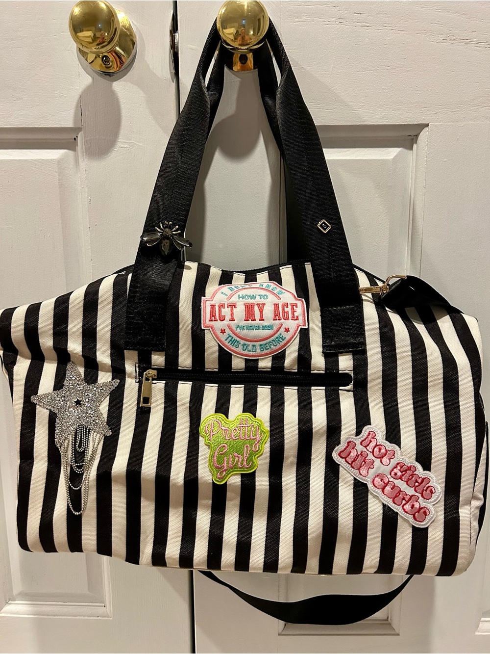 Alice + Olivia Black and White Striped Travel Tote with Custom Patches